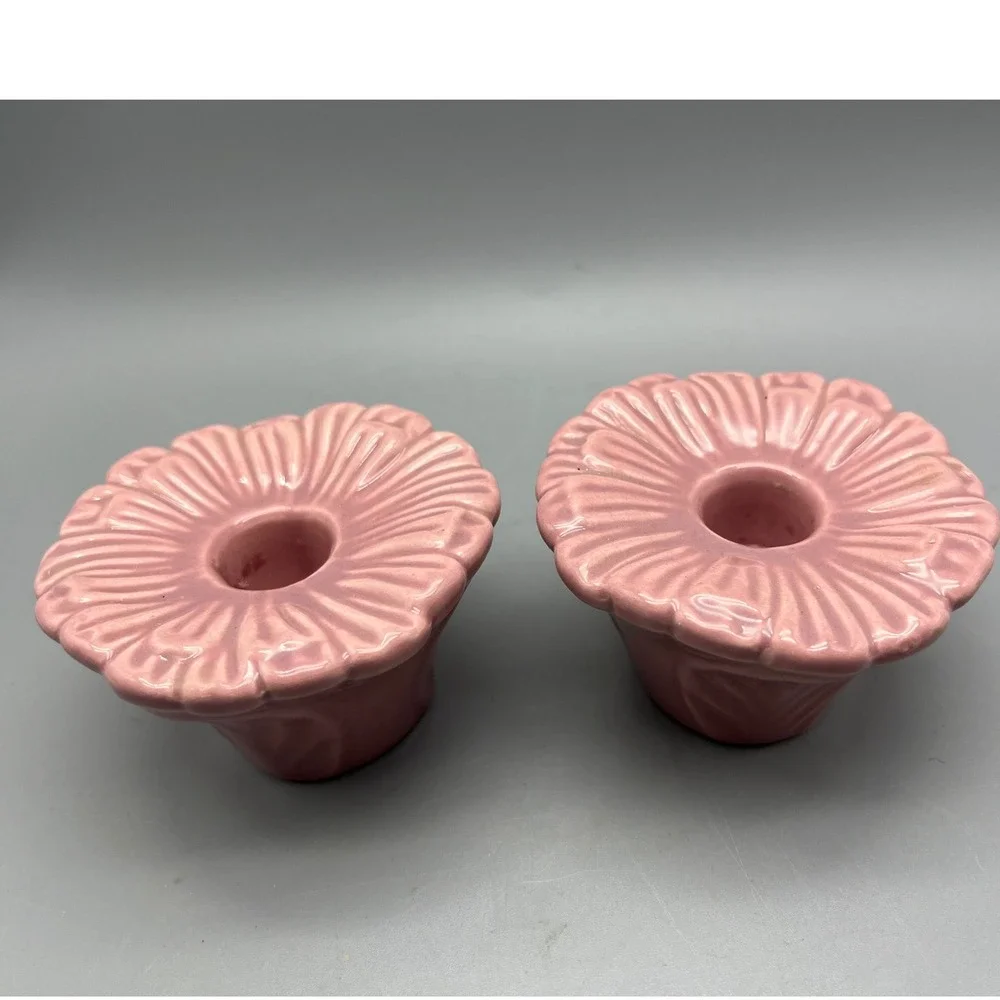 Pair Vintage Mid Century Pink Pottery Flower Candle stick holders‎
